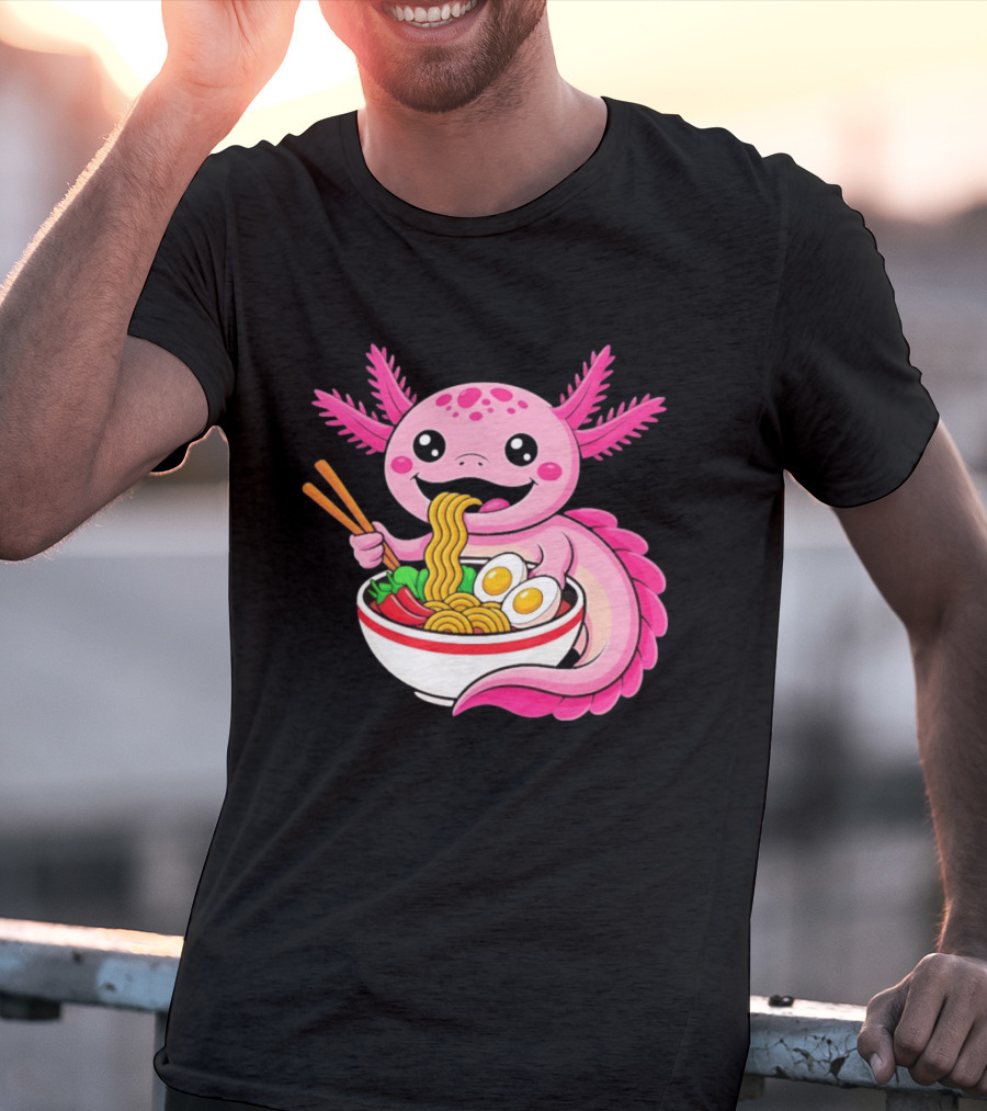Axolotl Eating Ramen Kawaii Style With Chopsticks And Eggs T-Shirt