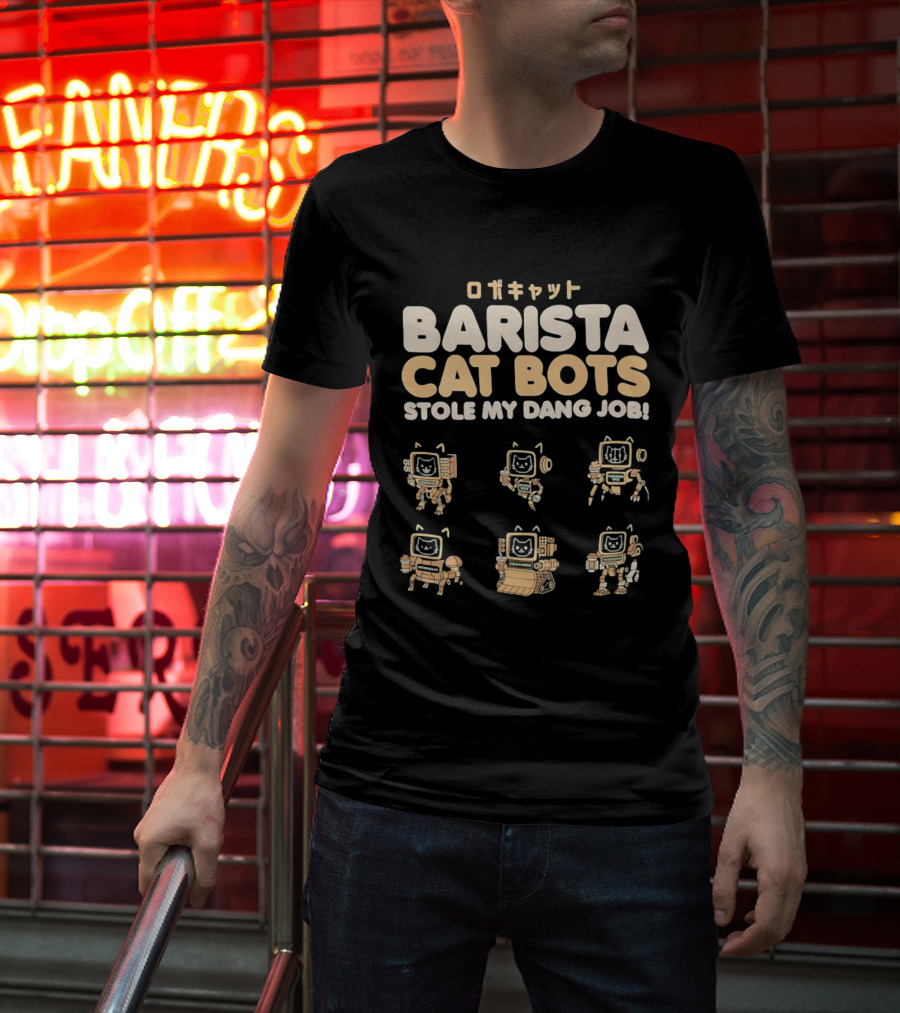 Barista Cat Bots Stole My Dang Job Retro Robot Cats Japanese T-Shirt