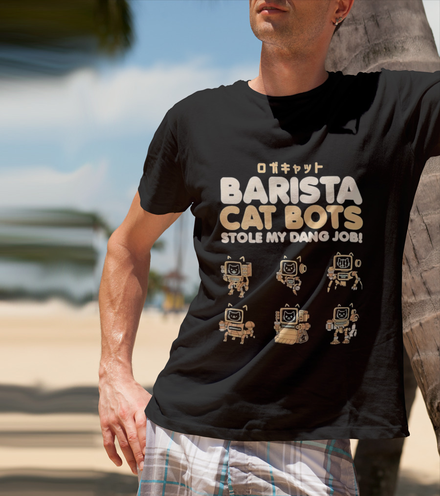 Barista Cat Bots Stole My Dang Job Retro Robot Cats Japanese T-Shirt