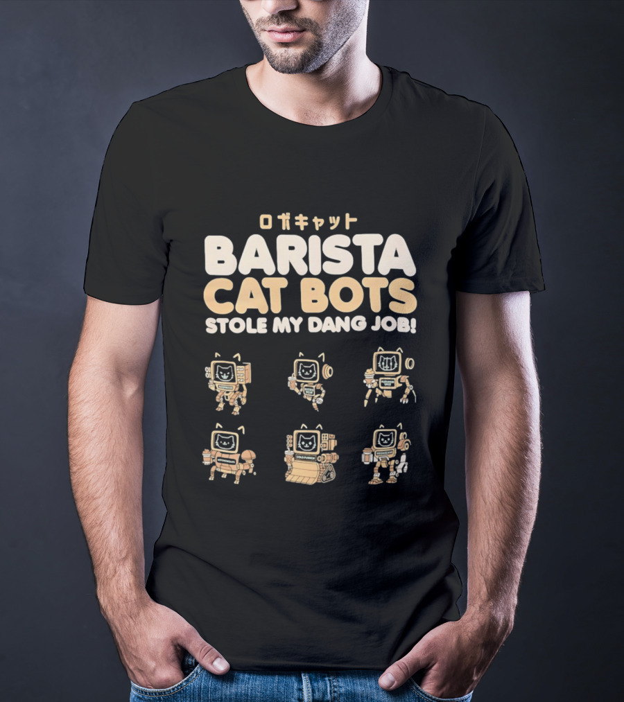 Barista Cat Bots Stole My Dang Job Retro Robot Cats Japanese T-Shirt