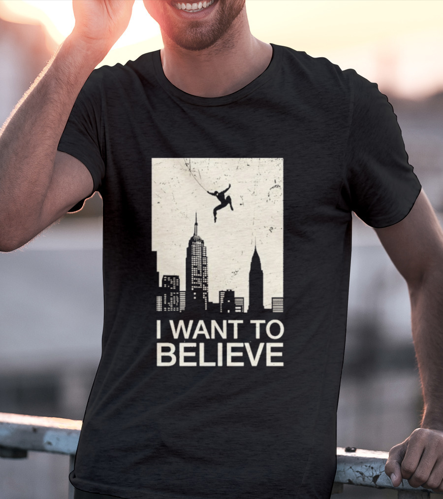 Friking I Want To Believe Swinging Hero Cityscape T-Shirt