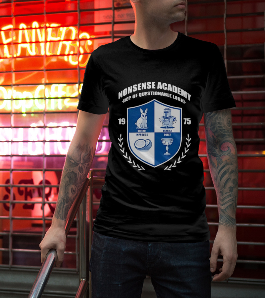Nonsense Academy 1975 Crest Dept Of Questionable Logic Defend Improvise Persist Quest T-Shirt