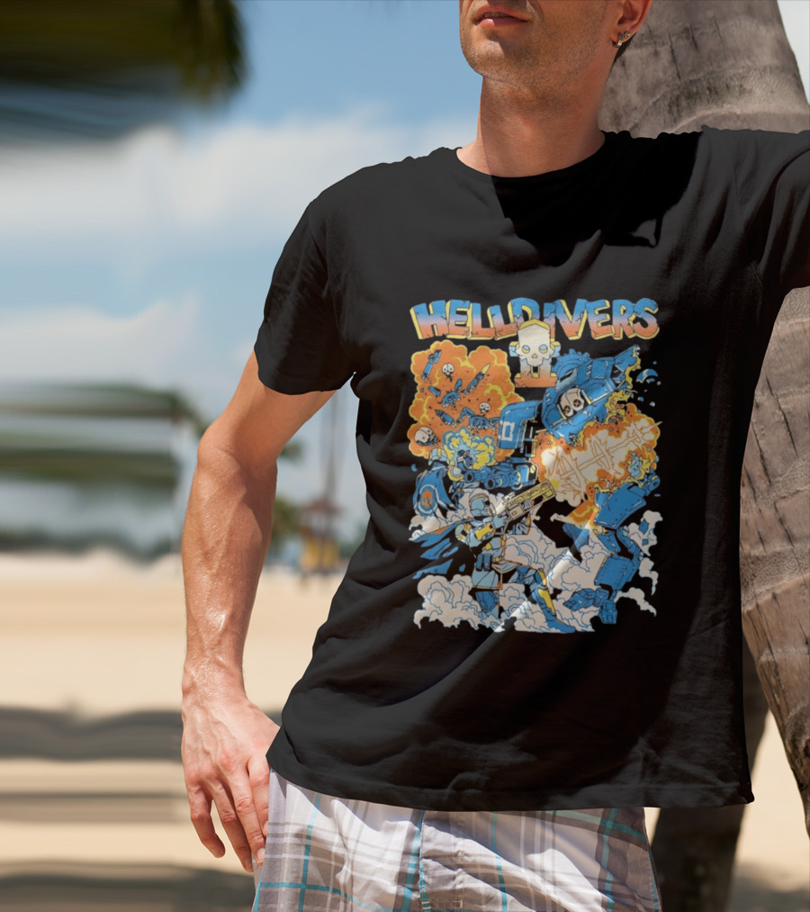 Helldivers Comic Style Explosive Battle Scene Skulls Robots Flames T-Shirt