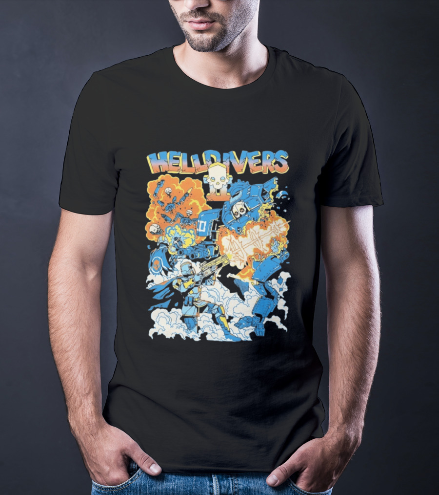 Helldivers Comic Style Explosive Battle Scene Skulls Robots Flames T-Shirt