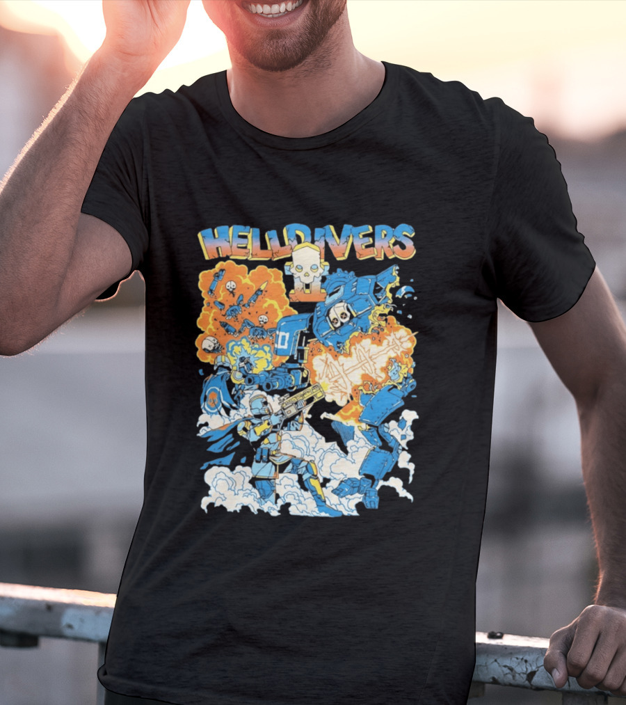 Helldivers Comic Style Explosive Battle Scene Skulls Robots Flames T-Shirt