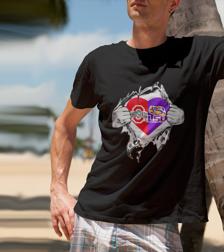 Ohio State LSU Heart Ripped Open Fan T-Shirt