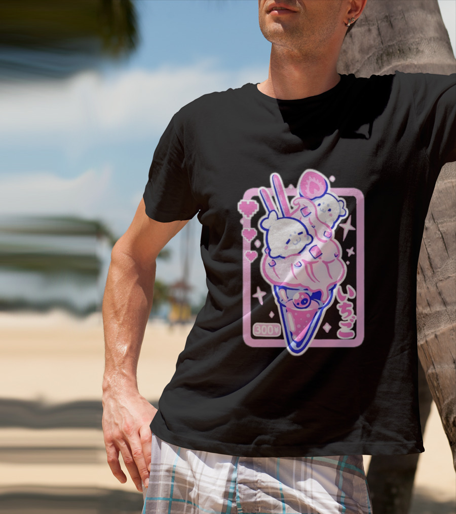 Kawaii Strawberry Ice Cream With Seals And 300 Yen Cute Hearts T-Shirt