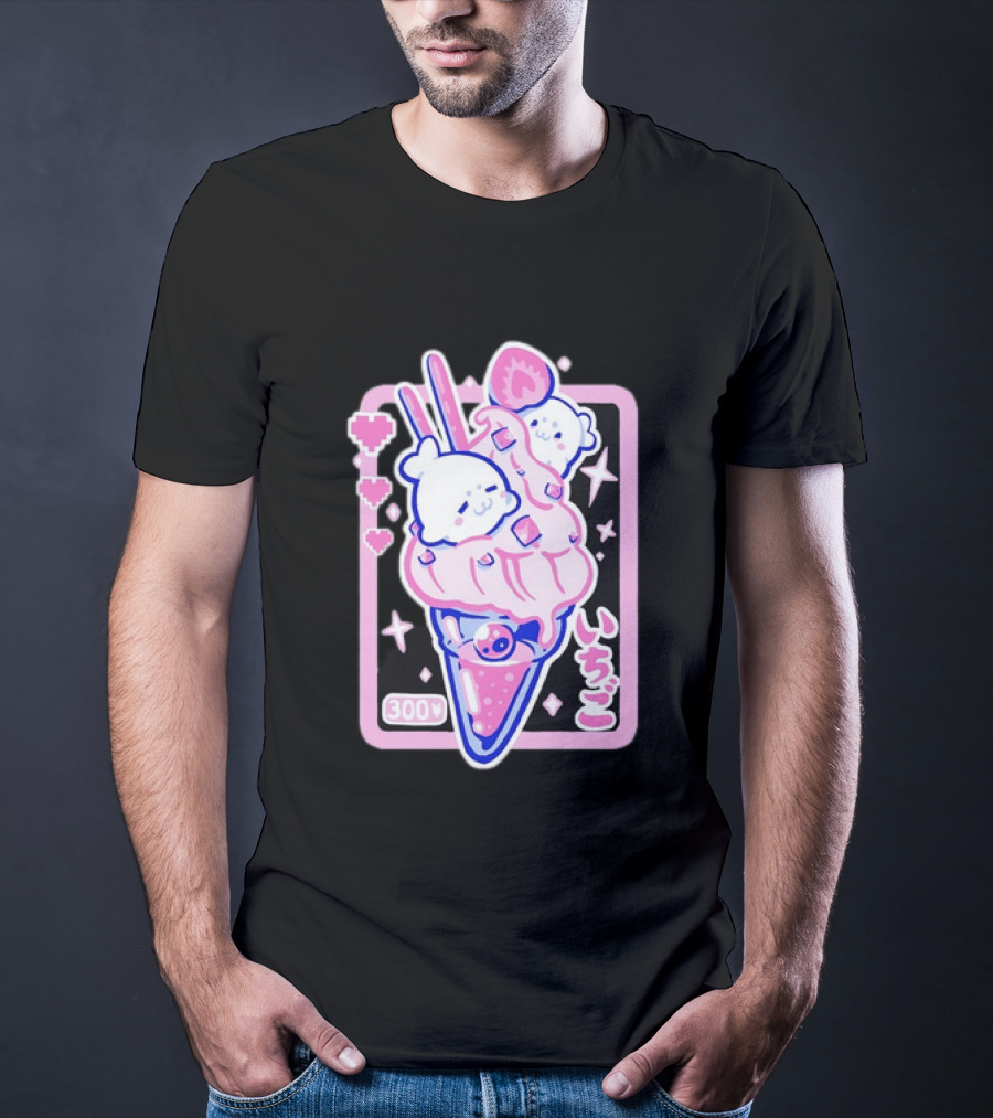 Kawaii Strawberry Ice Cream With Seals And 300 Yen Cute Hearts T-Shirt