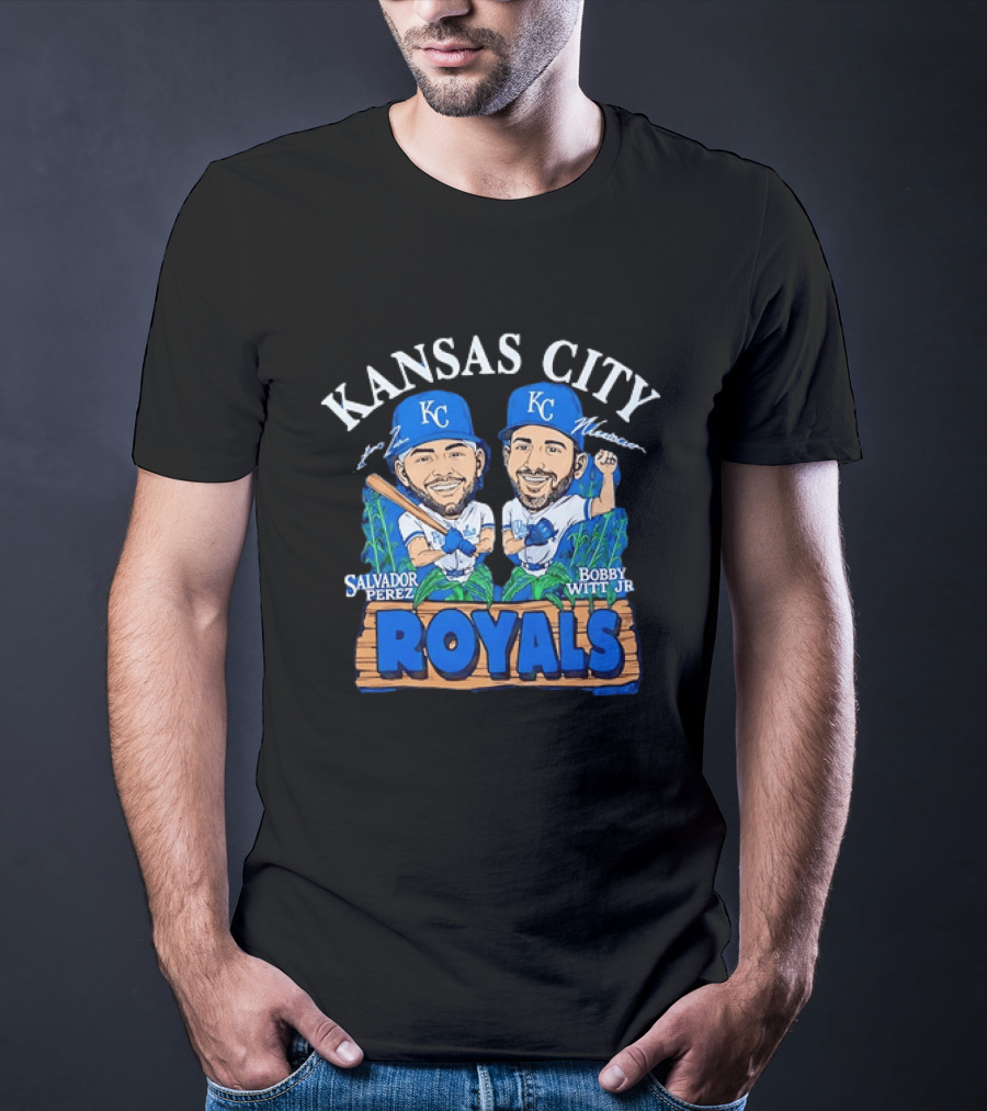 Kansas City Royals Salvador Perez Bobby Witt Jr Cartoon Baseball T-Shirt