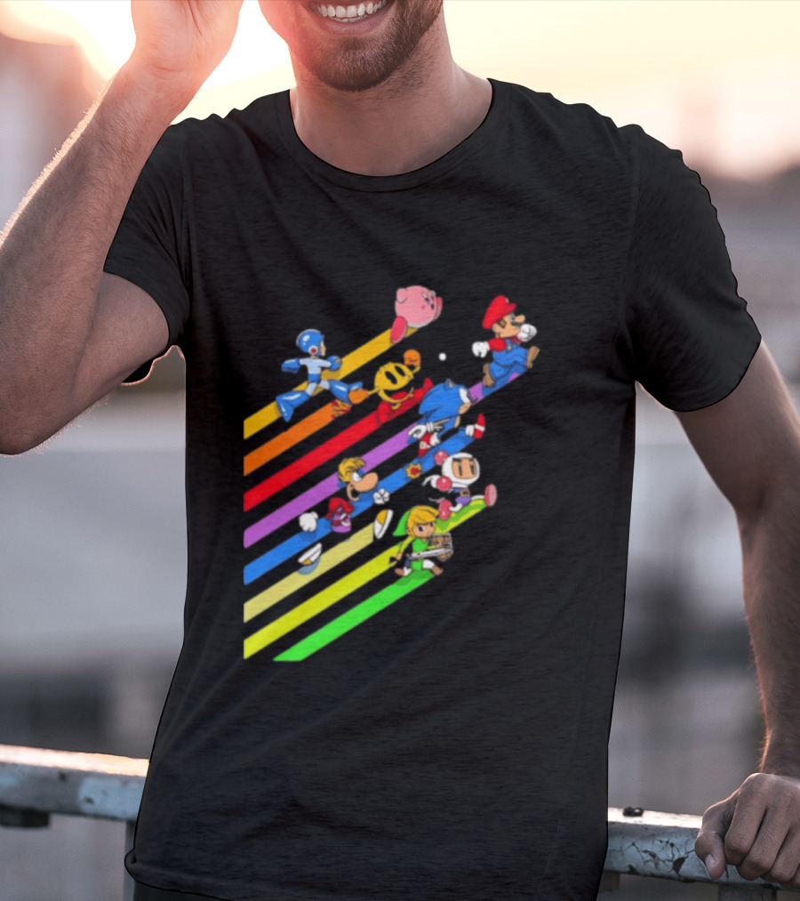 Legends Gaming Mario Pac Man Mega Man Sonic Link Kirby Bomberman Rayman Characters T-Shirt