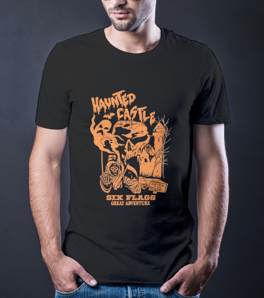 Six Flags Great Adventure Haunted Castle Enter If You Dare Spooky Skeleton And Ghosts T-Shirt