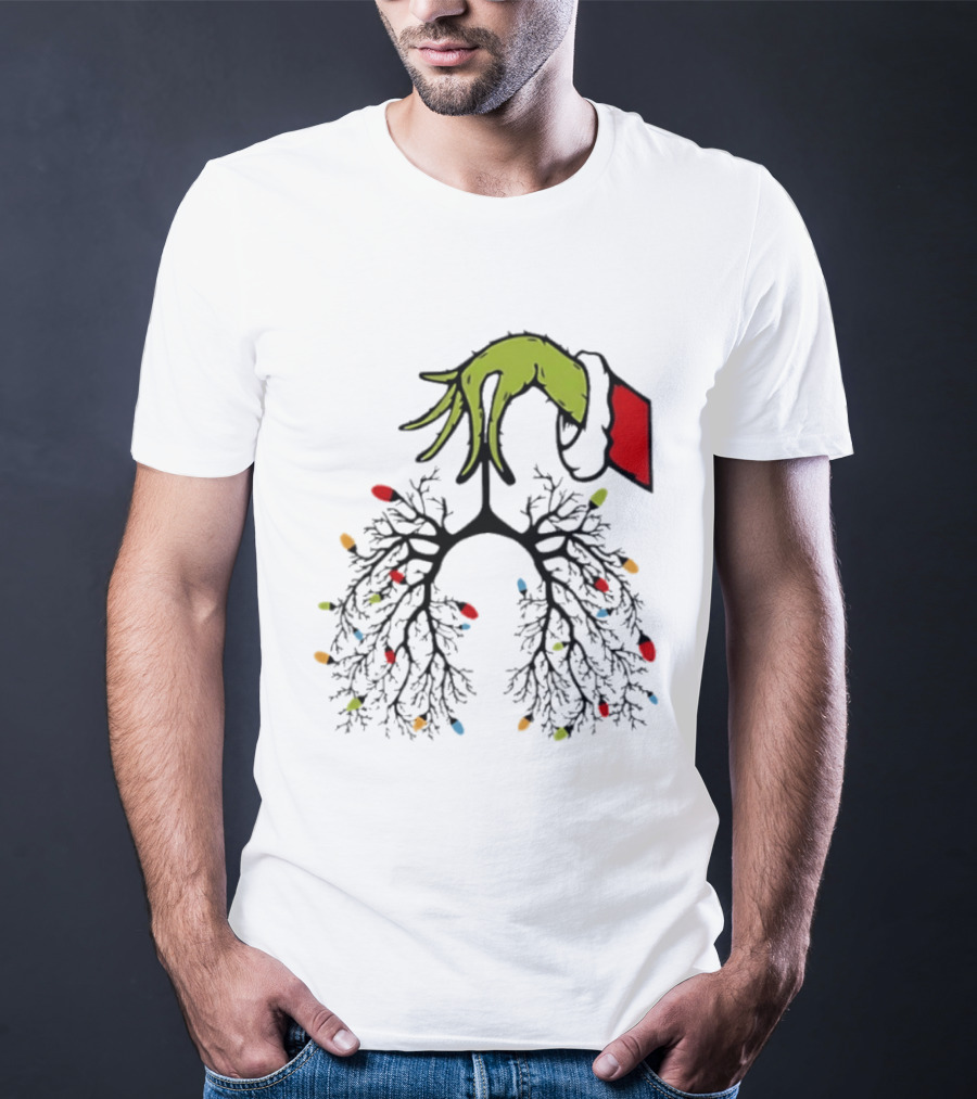 Christmas 2025 Nurse Lungs With Lights And Green Hand Santa Sleeve T-Shirt