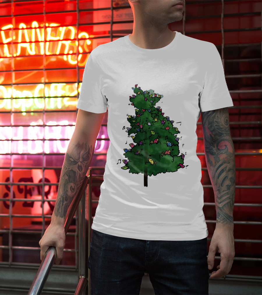 Colorful Singing Birds In Evergreen Tree With Musical Notes T-Shirt