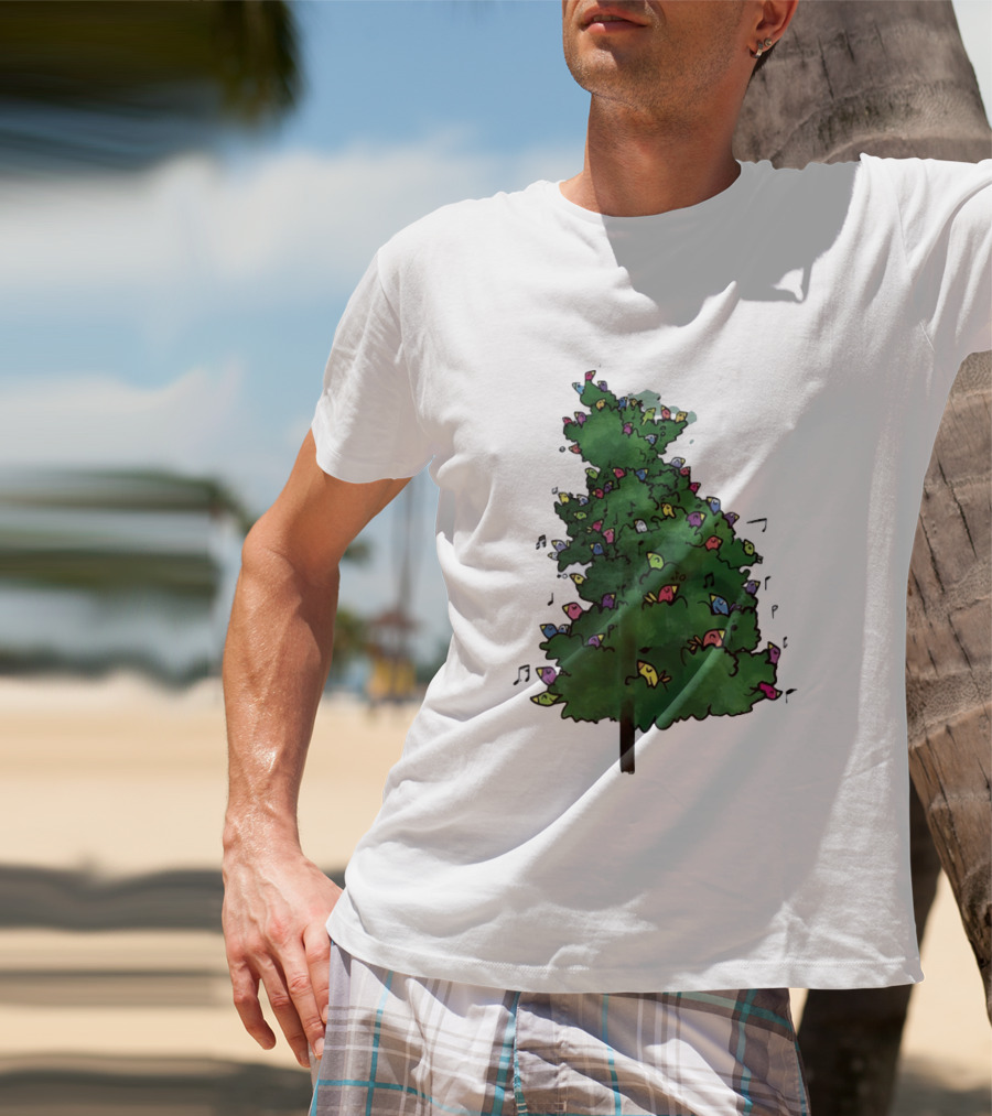 Colorful Singing Birds In Evergreen Tree With Musical Notes T-Shirt