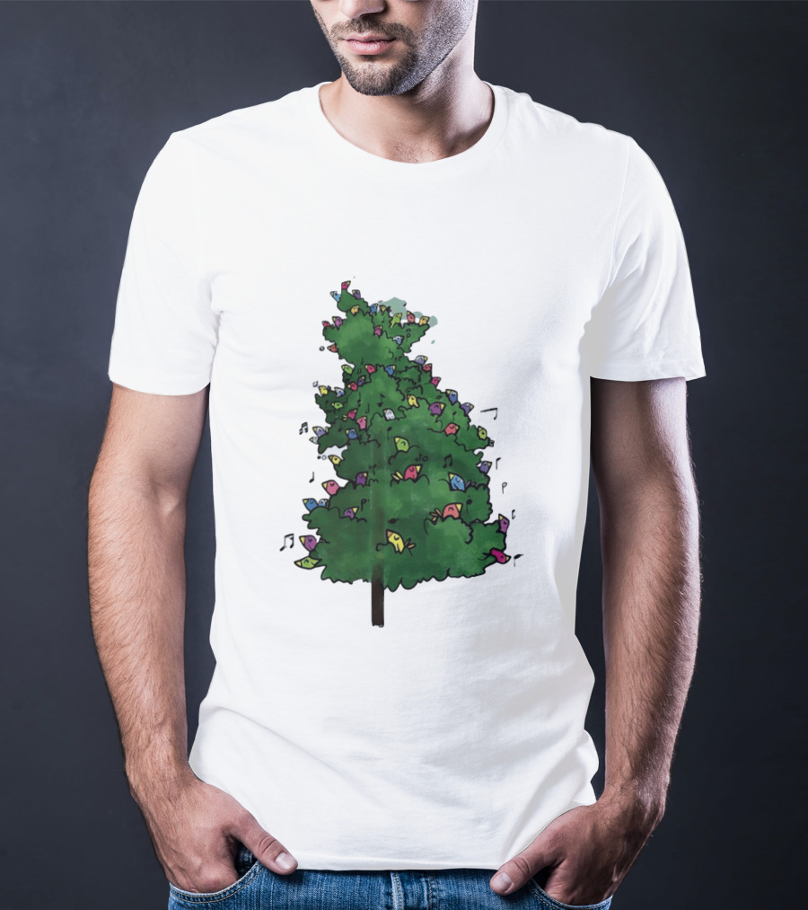 Colorful Singing Birds In Evergreen Tree With Musical Notes T-Shirt