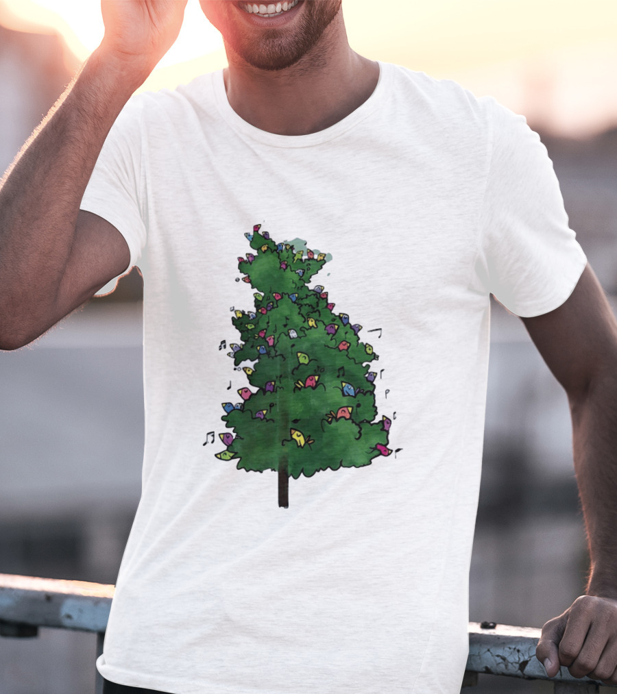 Colorful Singing Birds In Evergreen Tree With Musical Notes T-Shirt
