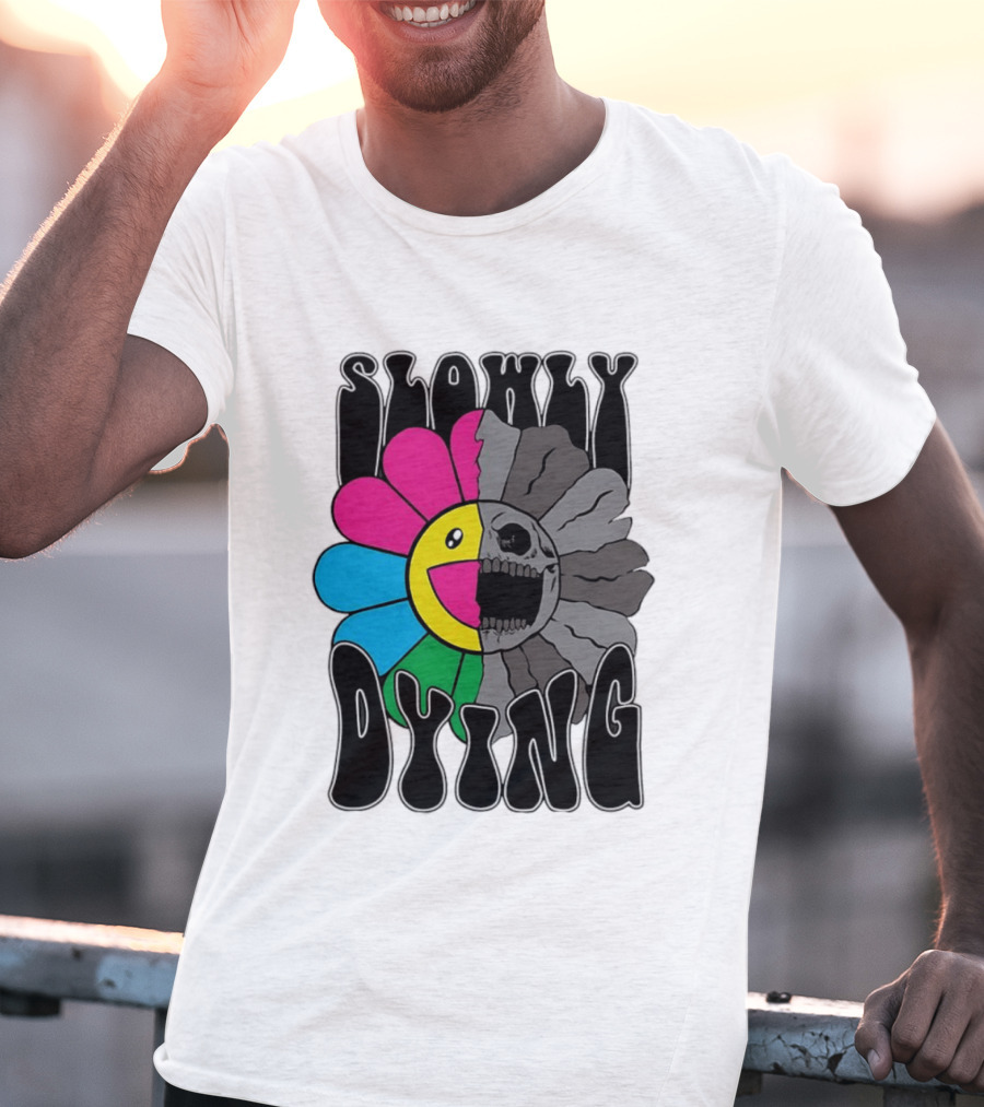Slowly Dying Colorful Flower Skull Dark Half Happy Half Grim T-Shirt