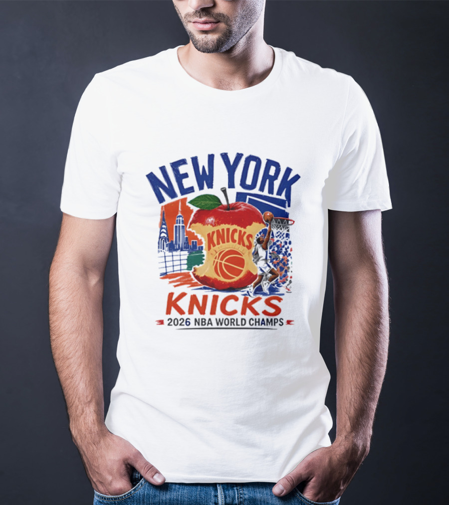 New York Knicks 2026 NBA World Champs Skyline Apple Basketball T-Shirt
