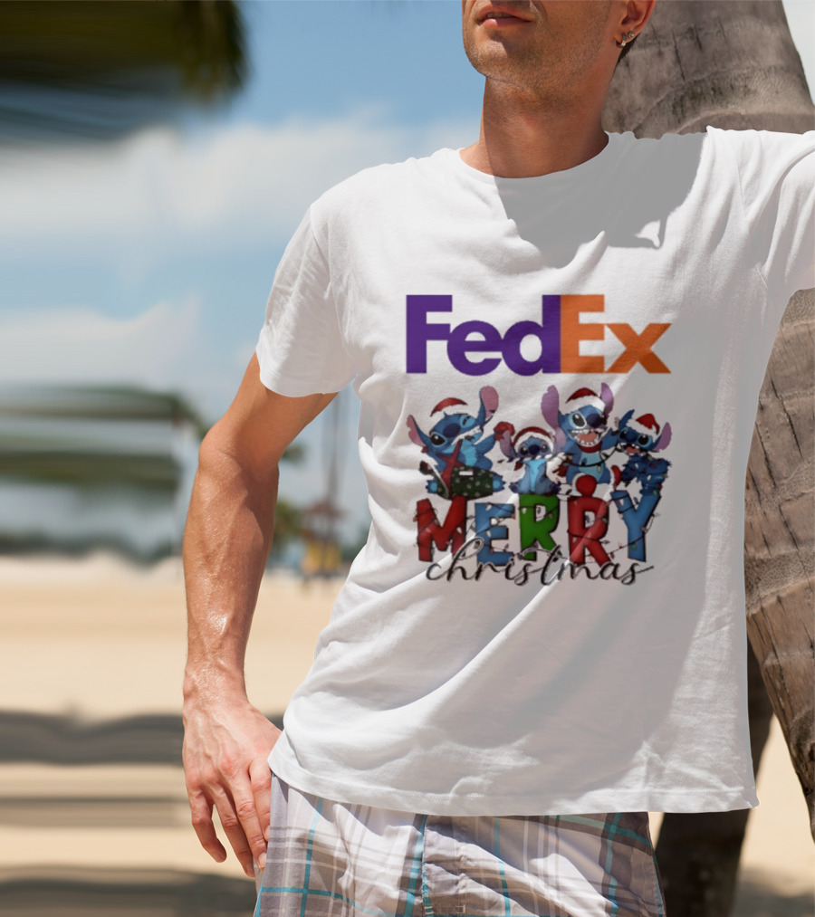 FedEx Stitch Merry Christmas 2025 Characters In Santa Hats T-Shirt