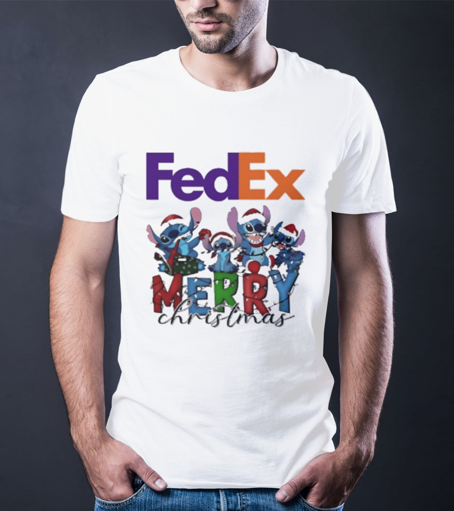 FedEx Stitch Merry Christmas 2025 Characters In Santa Hats T-Shirt