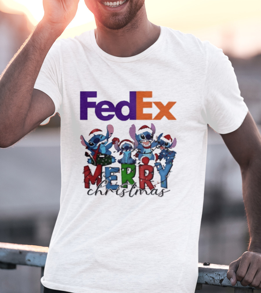 FedEx Stitch Merry Christmas 2025 Characters In Santa Hats T-Shirt