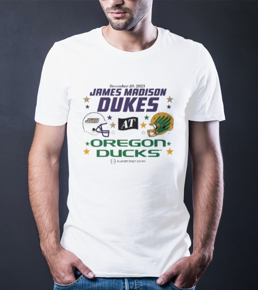 James Madison Dukes Vs Oregon Ducks December 20 2025 CFP Playoff First Round T-Shirt