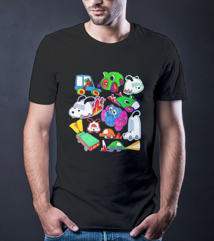Colorful Cartoon Animal Toy Cars With Rocket Exhaust And Flames Racing Sketch T-Shirt