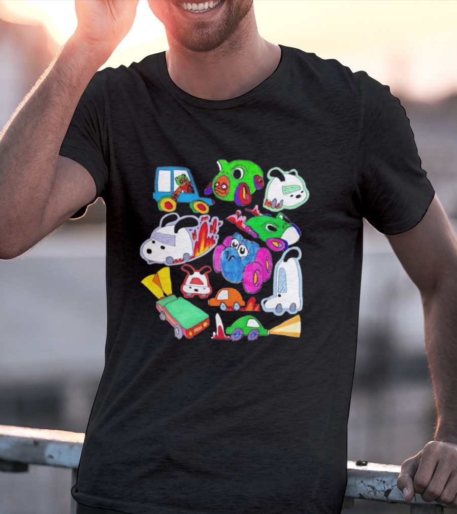 Colorful Cartoon Animal Toy Cars With Rocket Exhaust And Flames Racing Sketch T-Shirt