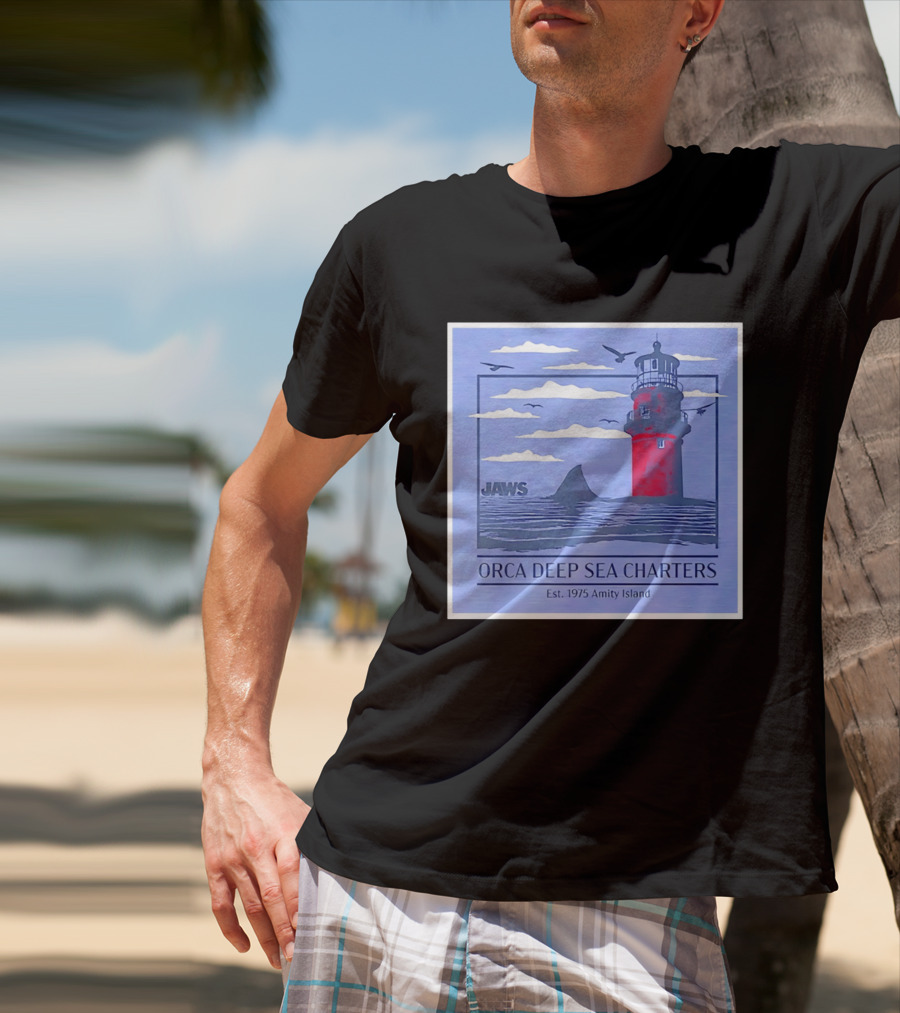 Jaws Orca Deep Sea Charters 1975 Amity Island Lighthouse Ocean Adventure T-Shirt