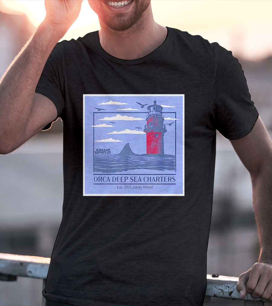 Jaws Orca Deep Sea Charters 1975 Amity Island Lighthouse Ocean Adventure T-Shirt