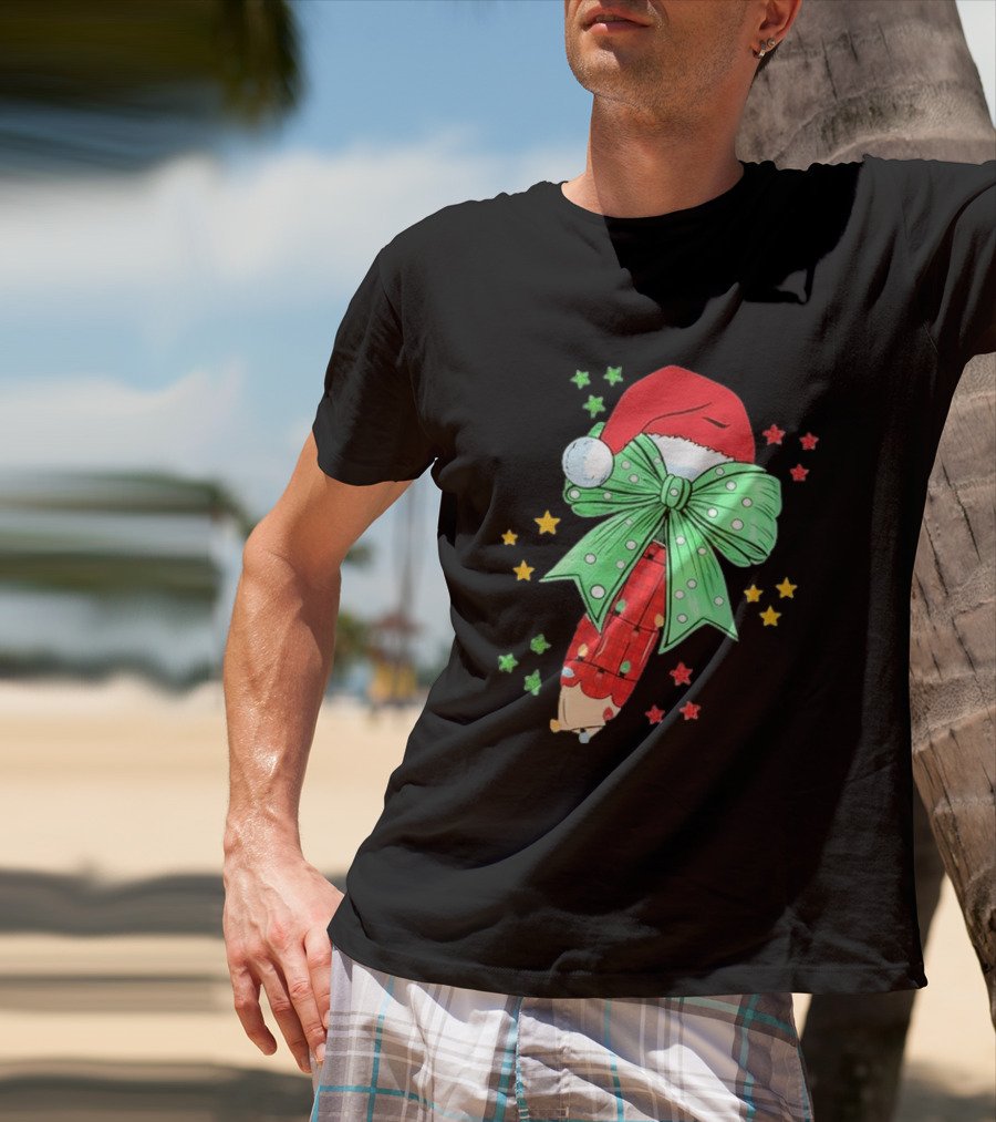 Christmas Elf Pen Candy Cane With Green Bow And Santa Hat T-Shirt