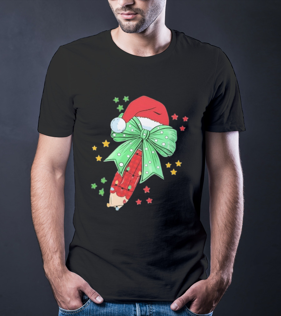 Christmas Elf Pen Candy Cane With Green Bow And Santa Hat T-Shirt