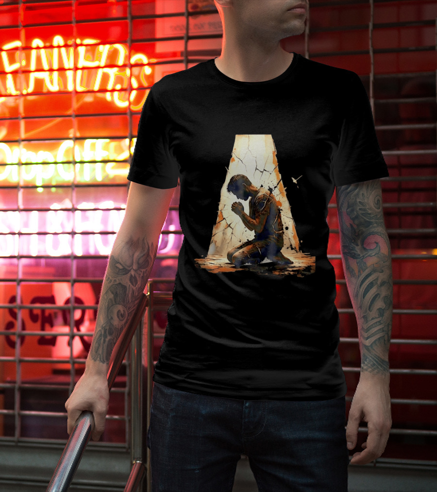Man Kneeling In Prayer Spiritual Faith Devotion Cracked Wall And Light T-Shirt