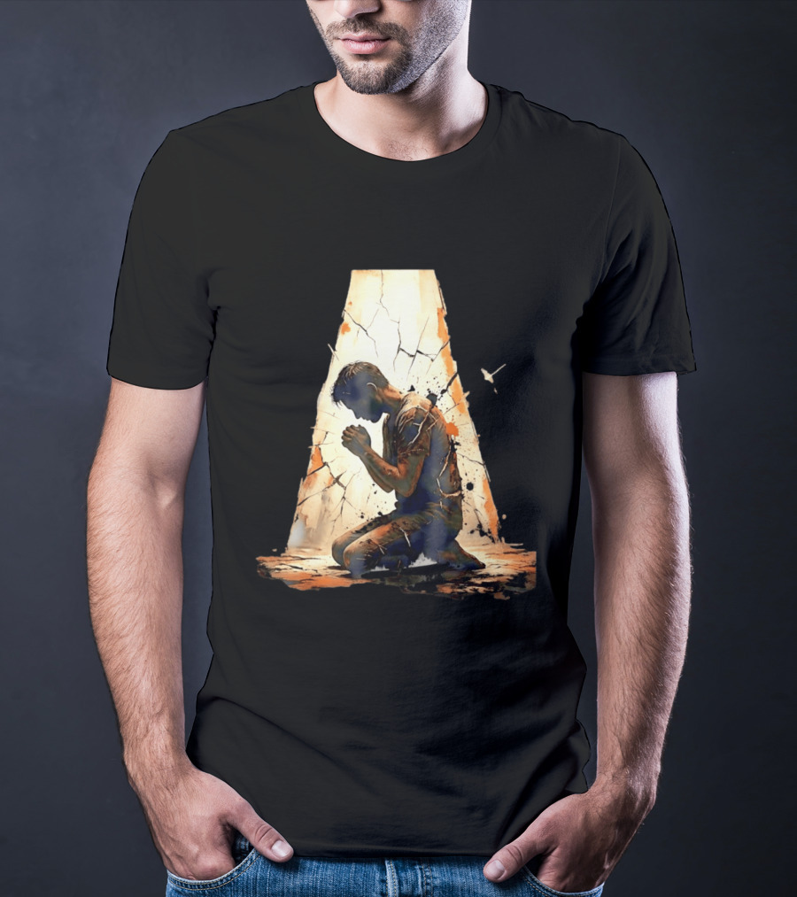 Man Kneeling In Prayer Spiritual Faith Devotion Cracked Wall And Light T-Shirt