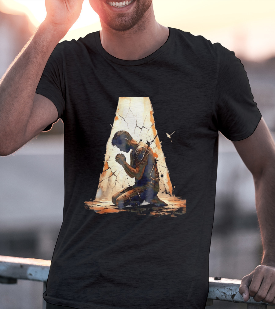 Man Kneeling In Prayer Spiritual Faith Devotion Cracked Wall And Light T-Shirt