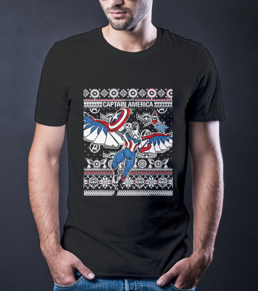 Marvel Captain America Sam Wilson Christmas Sweater Style Festive Holiday T-Shirt
