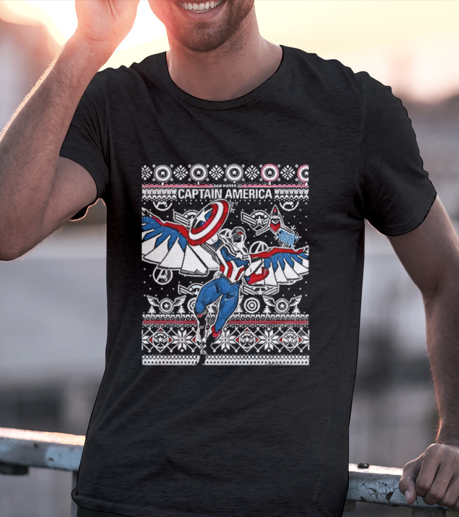 Marvel Captain America Sam Wilson Christmas Sweater Style Festive Holiday T-Shirt