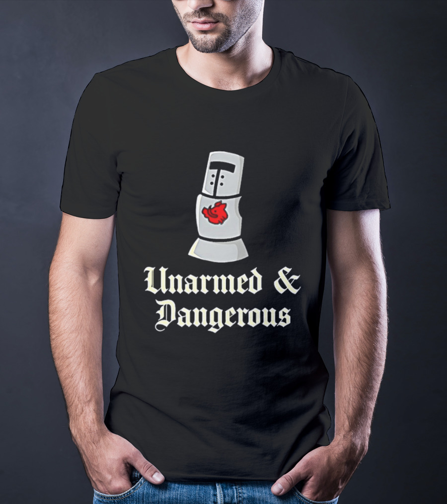 Unarmed And Dangerous Classic Medieval Helmet With Red Mark T-Shirt