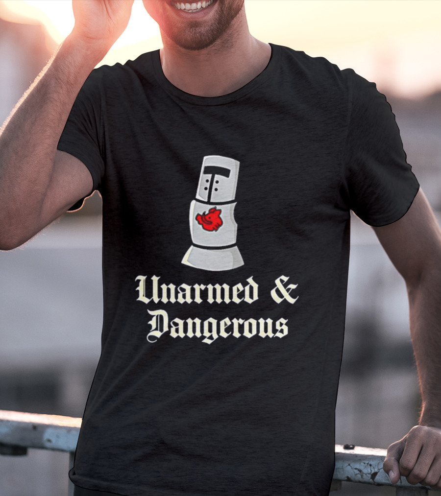 Unarmed And Dangerous Classic Medieval Helmet With Red Mark T-Shirt