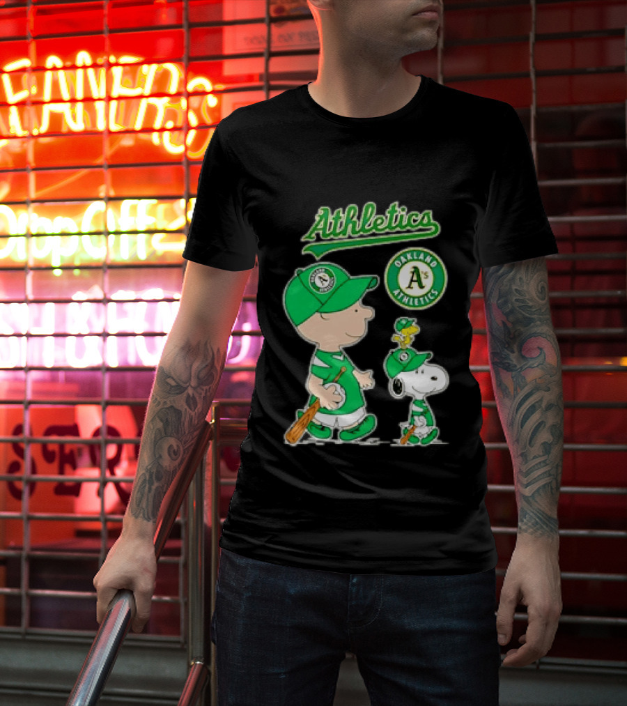 Oakland Athletics MLB Charlie Brown Snoopy Woodstock Baseball Peanuts Characters T-Shirt