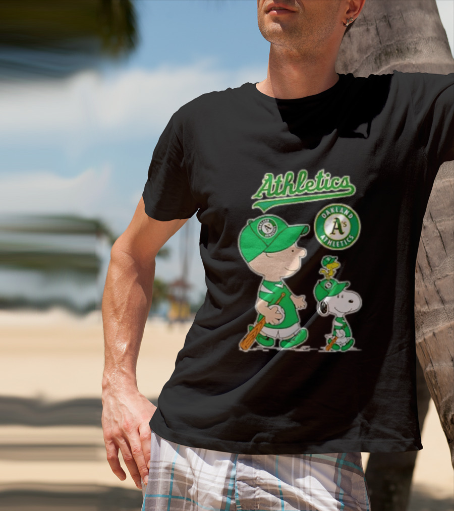 Oakland Athletics MLB Charlie Brown Snoopy Woodstock Baseball Peanuts Characters T-Shirt