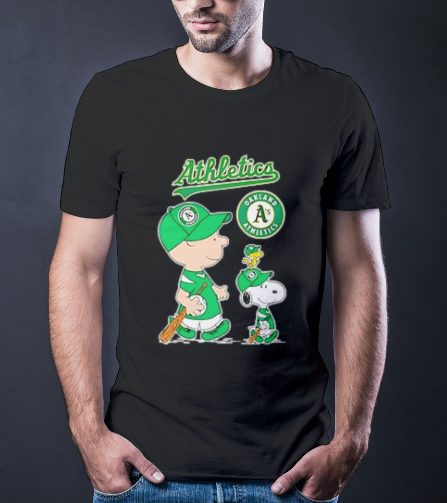 Oakland Athletics MLB Charlie Brown Snoopy Woodstock Baseball Peanuts Characters T-Shirt