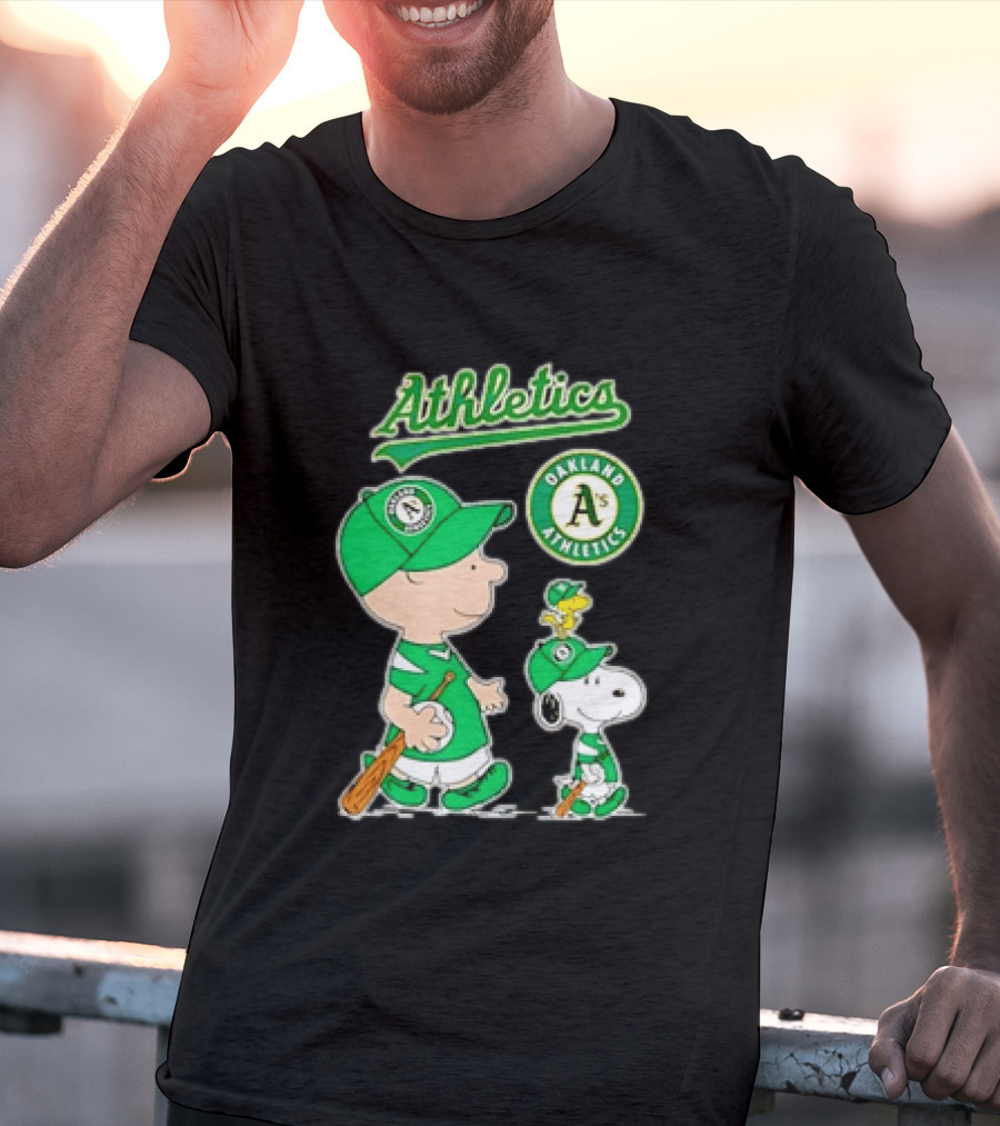 Oakland Athletics MLB Charlie Brown Snoopy Woodstock Baseball Peanuts Characters T-Shirt