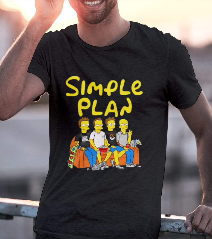 Simple Plan Band Members Cartoon Style On Couch T-Shirt