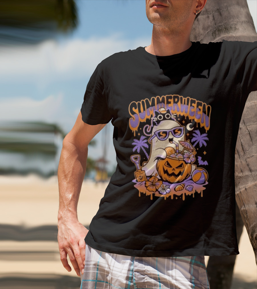 Summerween Cartoon Ghost Sunglasses Drinking Pumpkin Beach Vibes T-Shirt