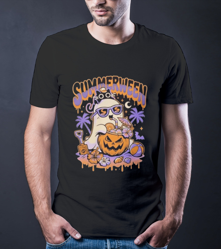 Summerween Cartoon Ghost Sunglasses Drinking Pumpkin Beach Vibes T-Shirt