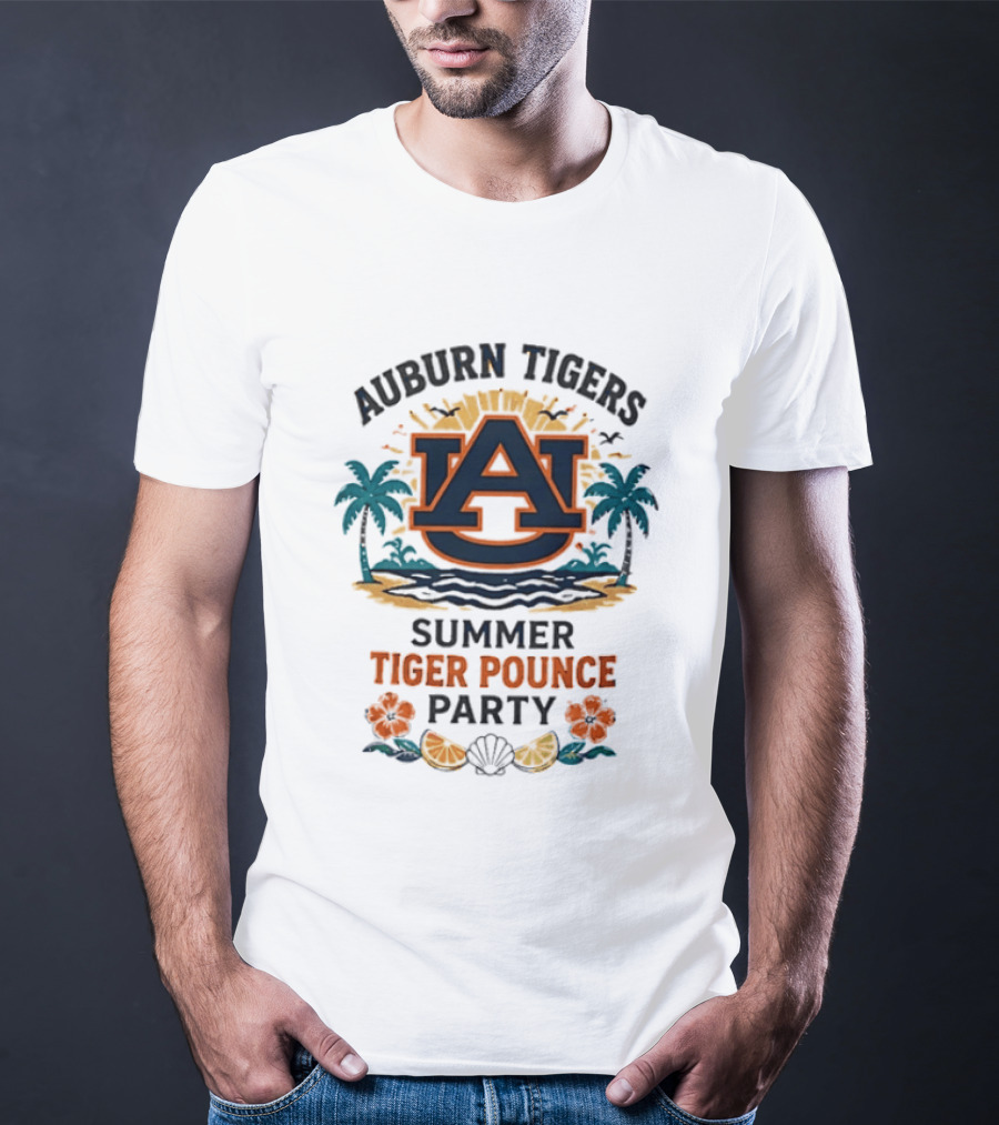 Auburn Tigers Summer Tiger Pounce Party Tropical Beach Scene T-Shirt