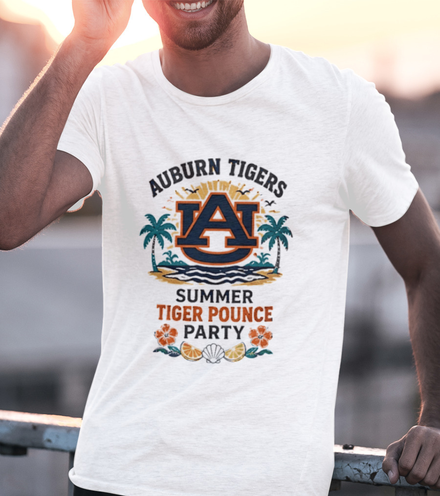Auburn Tigers Summer Tiger Pounce Party Tropical Beach Scene T-Shirt