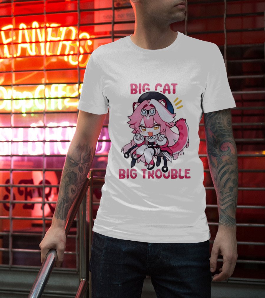 Big Cat Big Trouble Chibi Character With Pink Hair And Tail T-Shirt