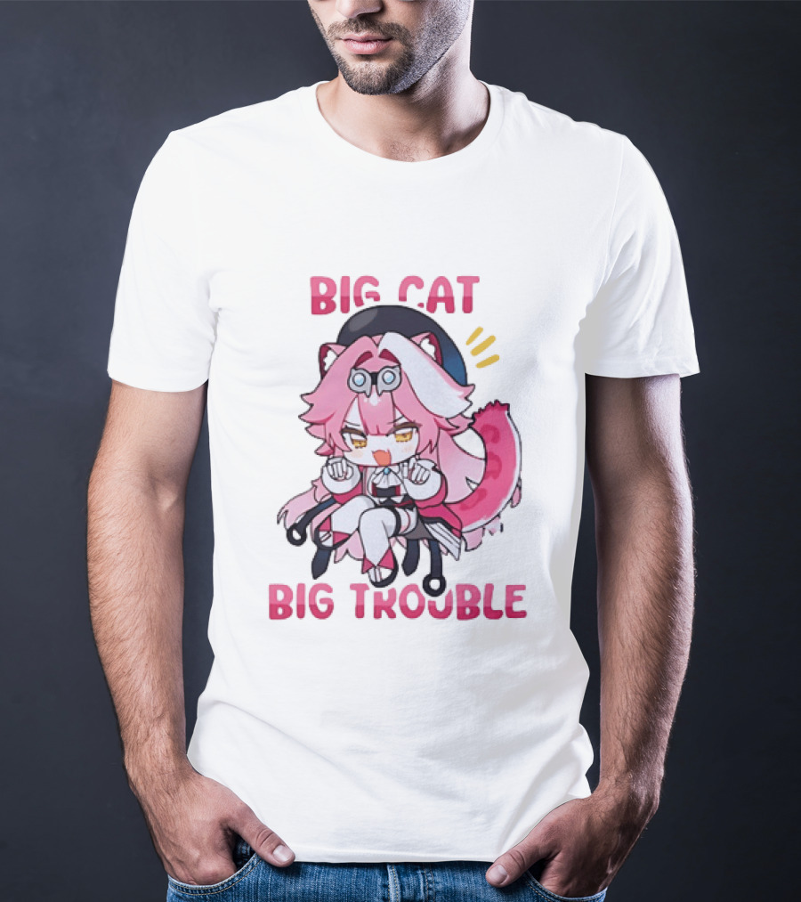Big Cat Big Trouble Chibi Character With Pink Hair And Tail T-Shirt